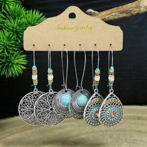 NEW Boho Western Earrings Set – 3 Pairs Silver & Turquoise Dangle Stud Jewelry